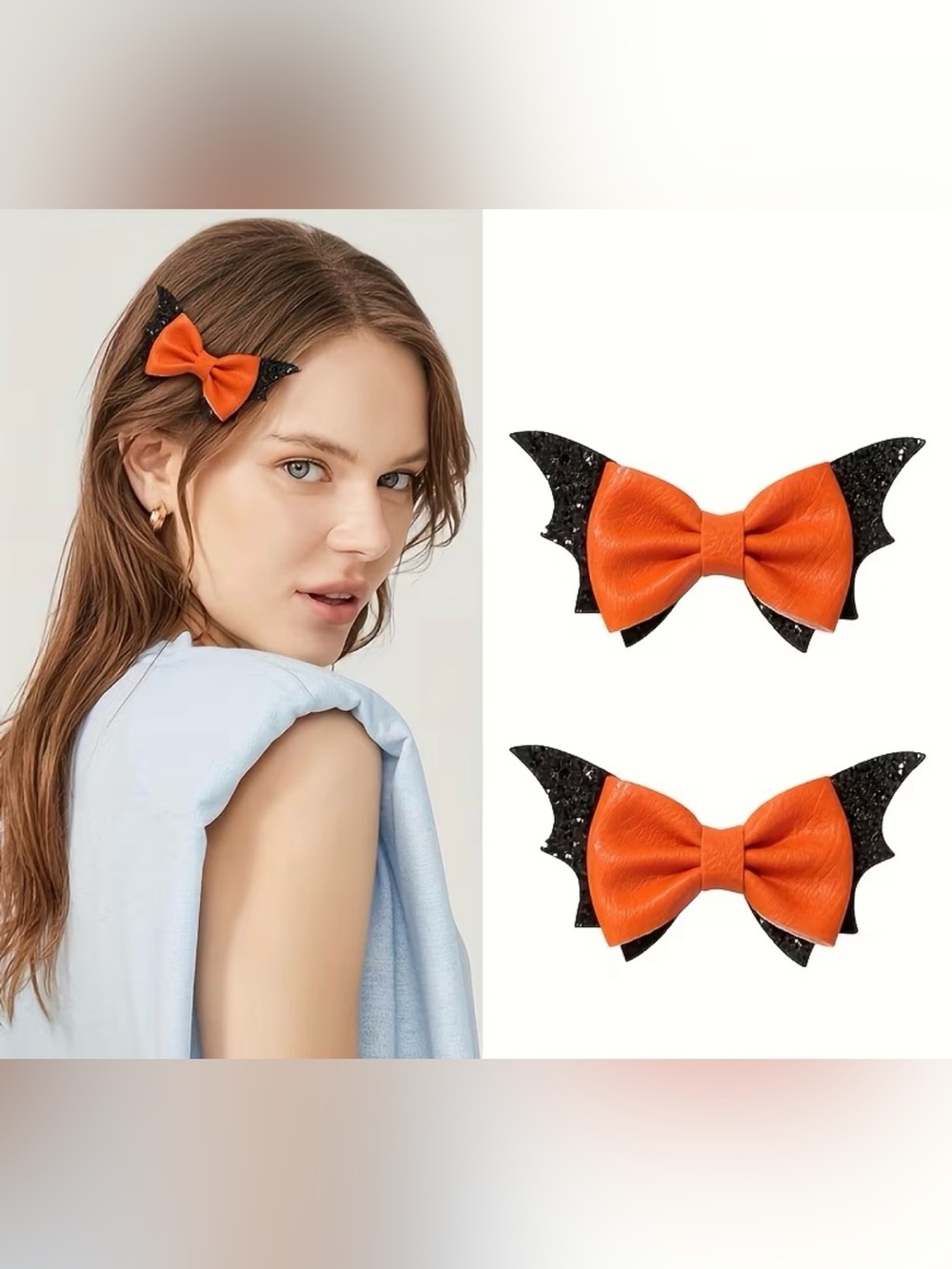 Orange and Black Bat Bow Hair Clips - 2 Pc Set